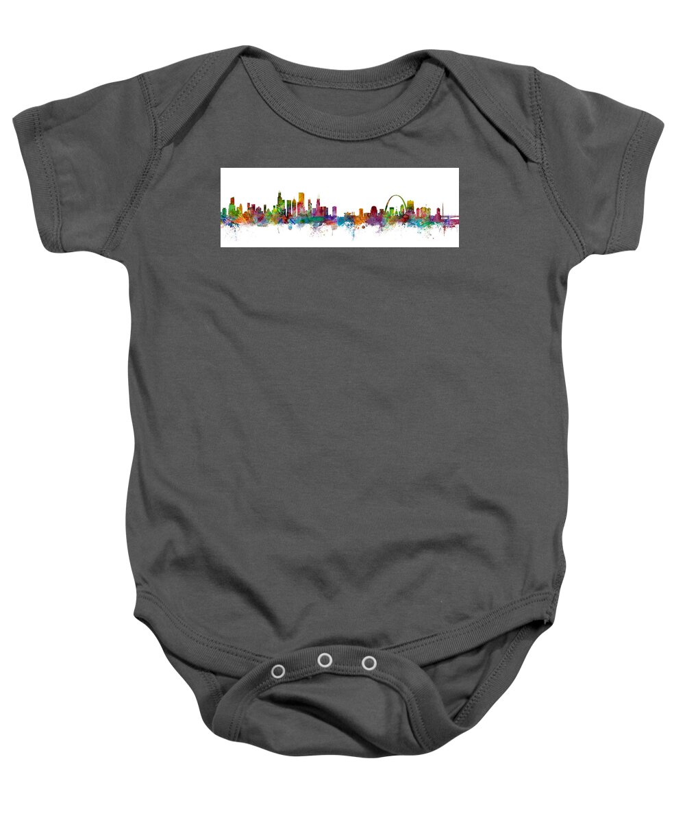St Louis Baby Onesie featuring the digital art Chicago and St Louis Skyline Mashup by Michael Tompsett