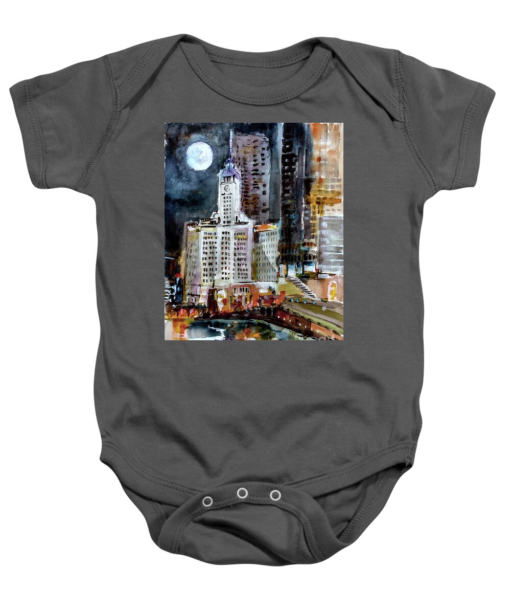 Chicago Baby Onesie featuring the painting Chicago Night Wrigley Building Art by Ginette Callaway