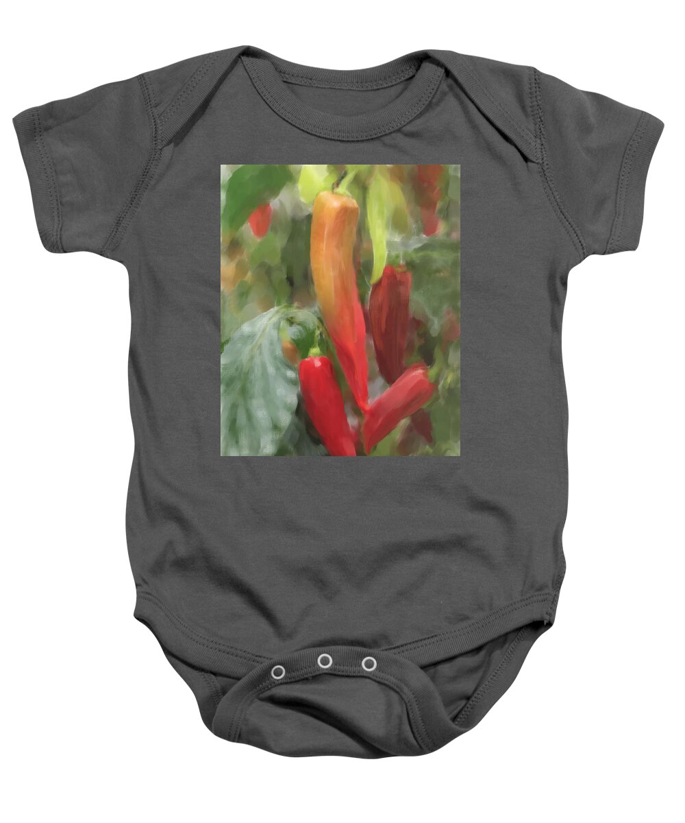 Chillis Baby Onesie featuring the painting Chili Peppers by Portraits By NC