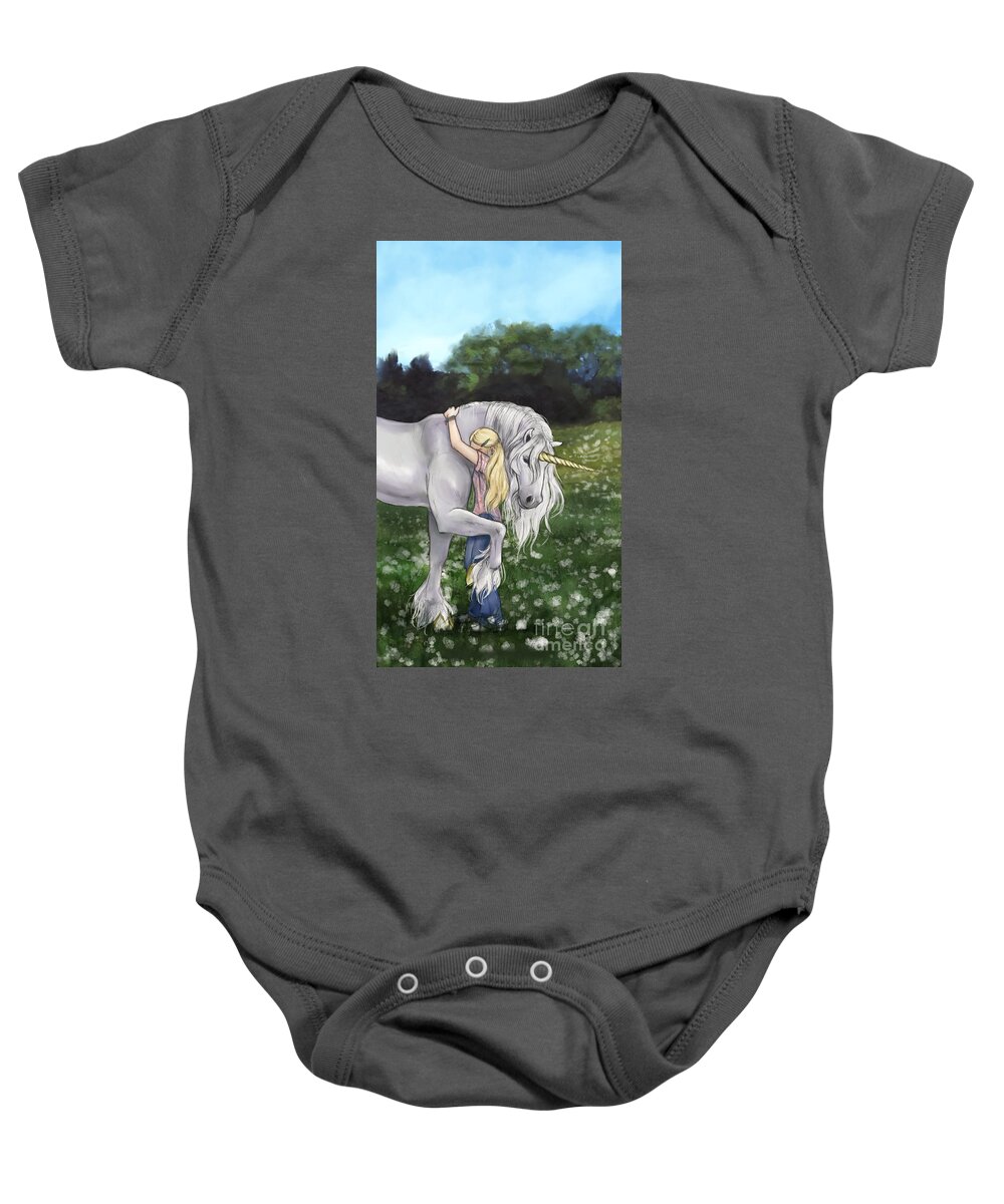Landscape Baby Onesie featuring the drawing Chloe and the Unicorn - Finding Innocence by Brandy Woods