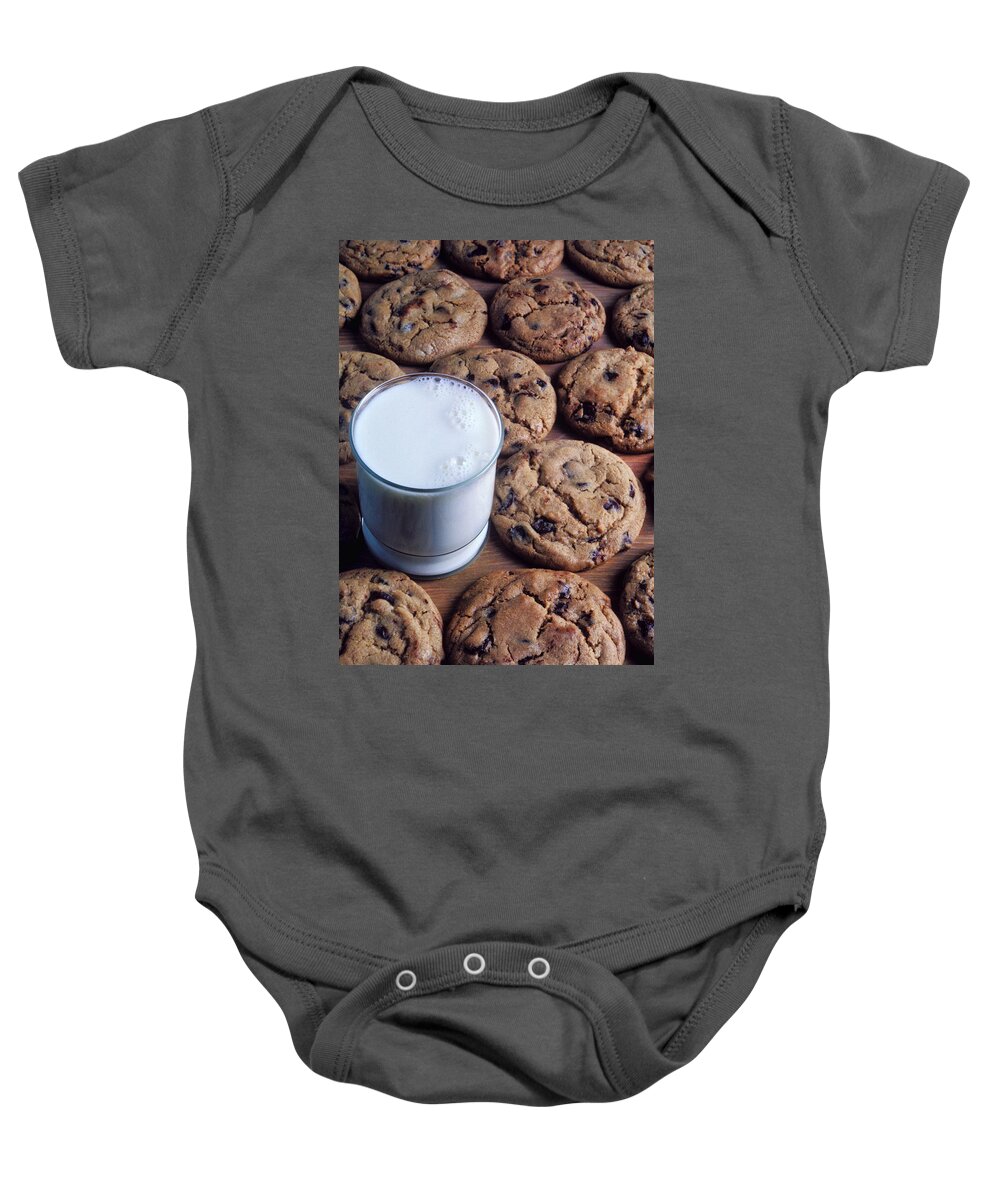 Chocolate Chip Baby Onesie featuring the photograph Chocolate chip cookies and glass of milk by Garry Gay
