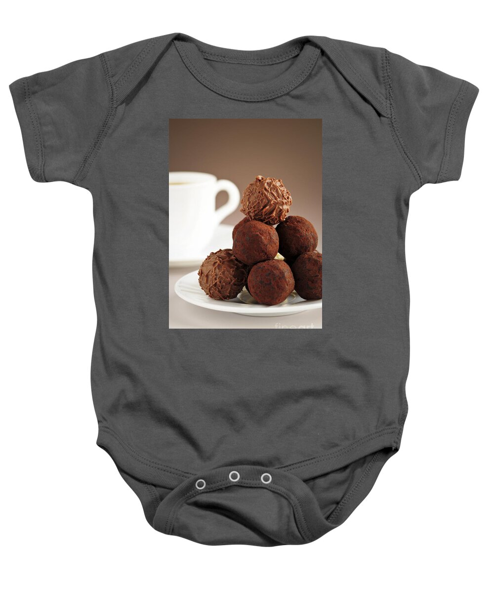 Chocolate Baby Onesie featuring the photograph Chocolate truffles and coffee 2 by Elena Elisseeva