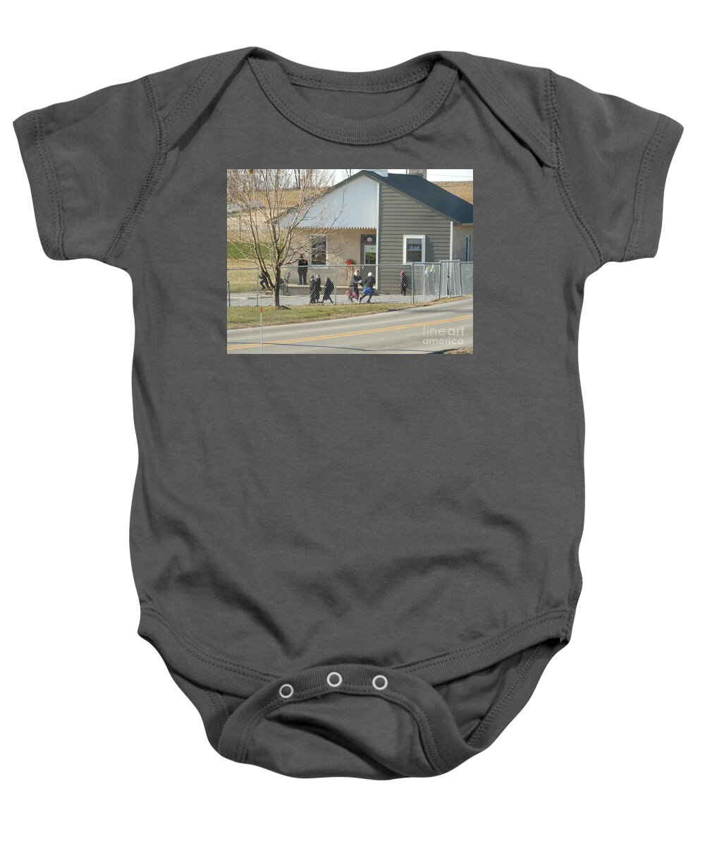 Amish Baby Onesie featuring the photograph Christmastime at the Schoolhouse by Christine Clark
