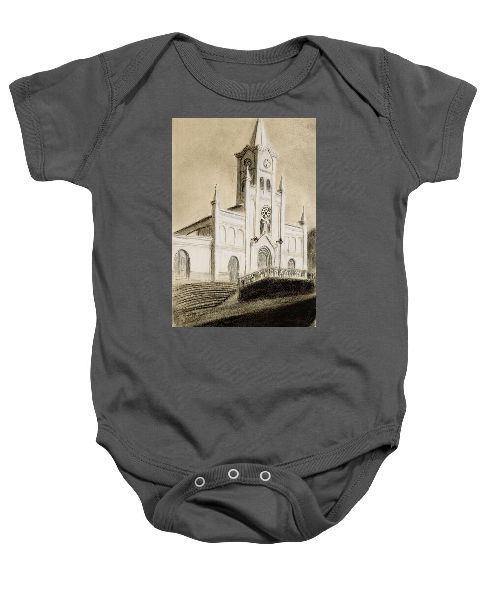 Church Baby Onesie featuring the drawing Church against the Sky by Jordan Henderson