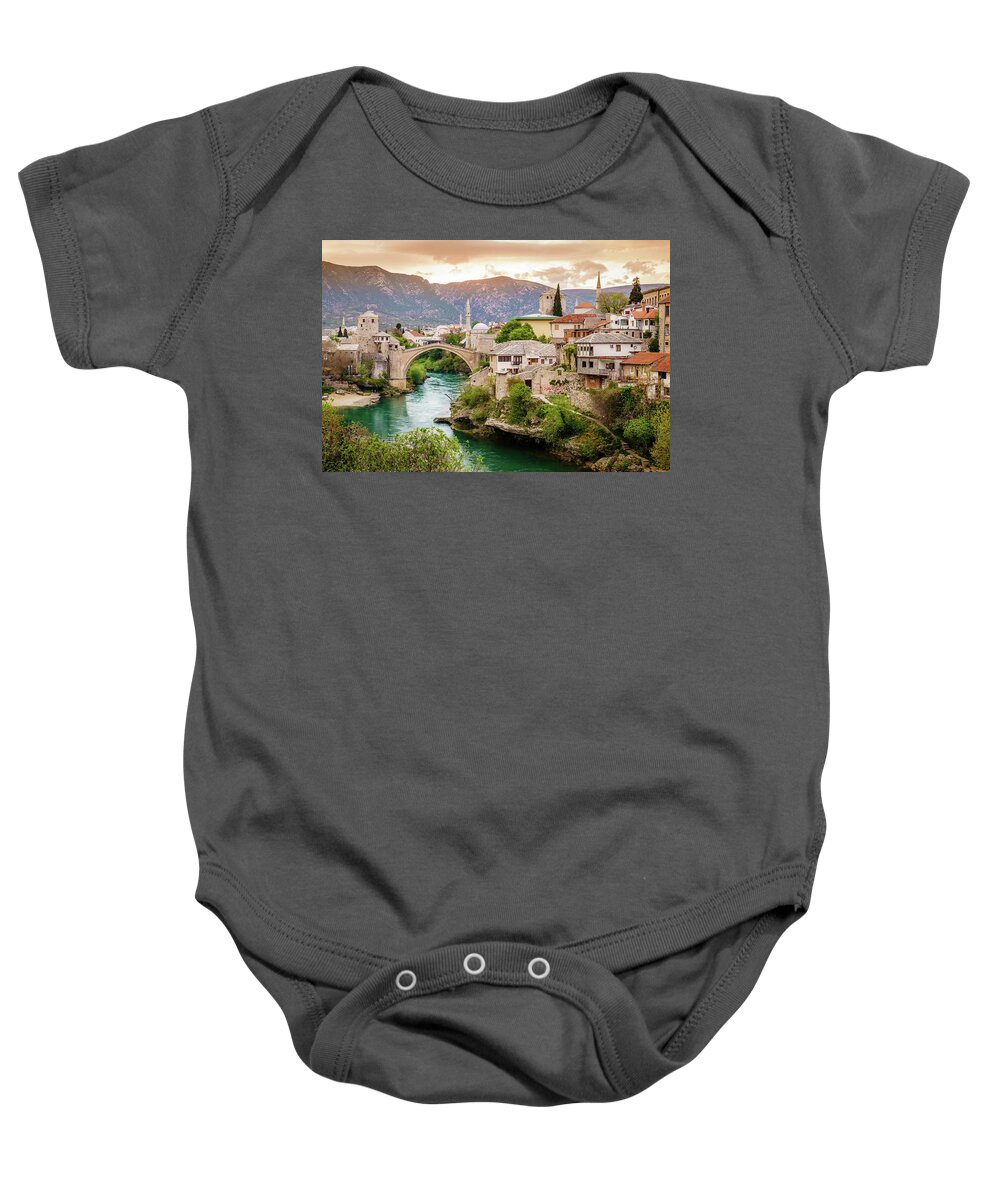 Balkans Baby Onesie featuring the photograph City of Mostar and Neretva River by Alexey Stiop
