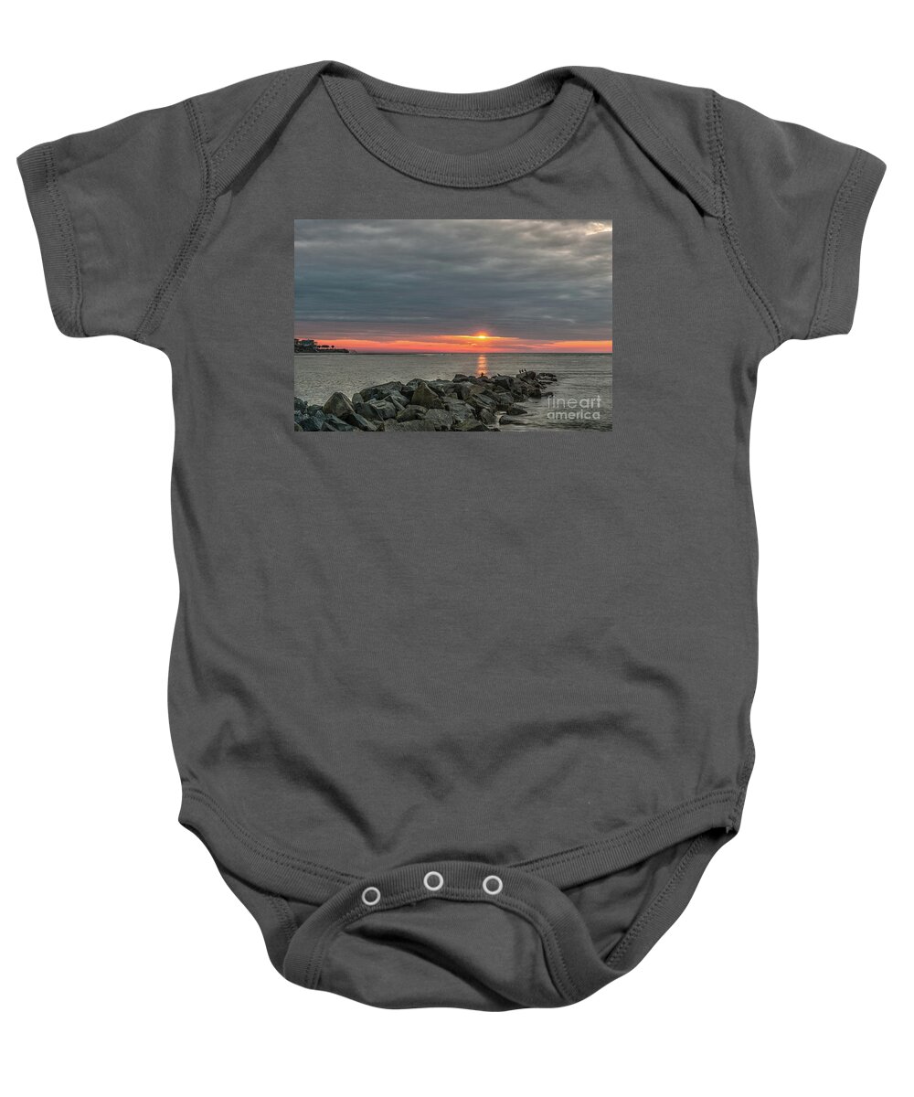Sunrise Baby Onesie featuring the photograph Cloudy Sunrise over Breach Inlet in Charleston South Carolina by Dale Powell