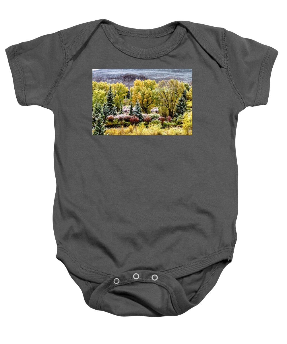 Aspen Trees Baby Onesie featuring the photograph Colorado Snowy Fall Morning by Teri Virbickis