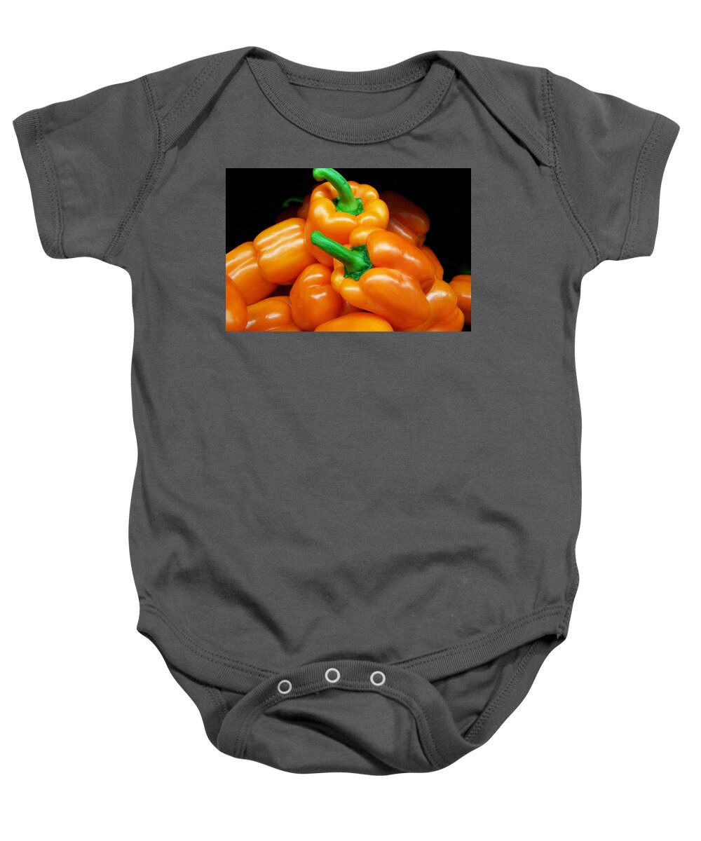 Bright Baby Onesie featuring the photograph Colorful Orange Bell Peppers by Kathy Clark