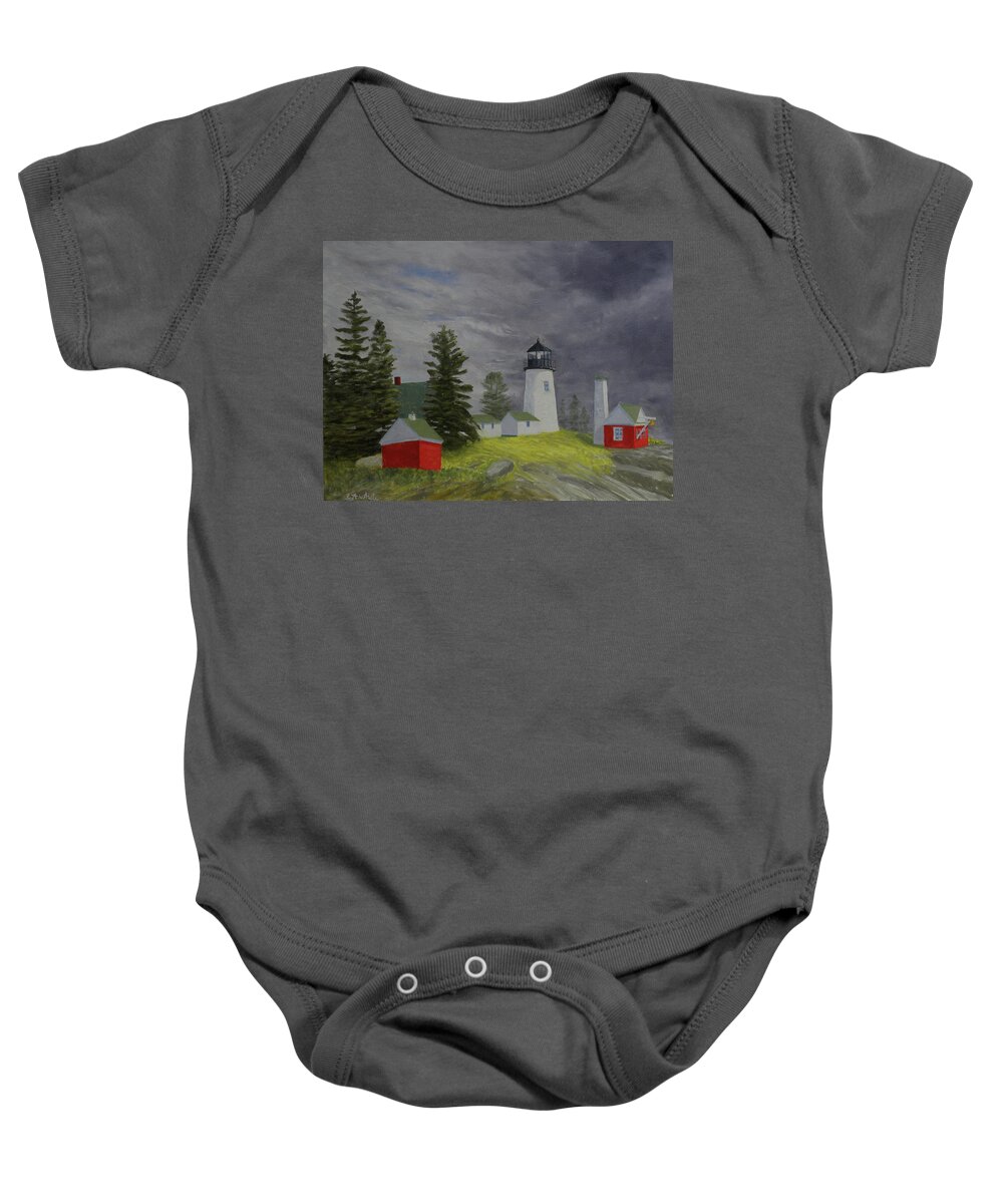 Lighthouse Storm Seascape Pemaquid Ocean Baby Onesie featuring the painting Coming Storm by Scott W White