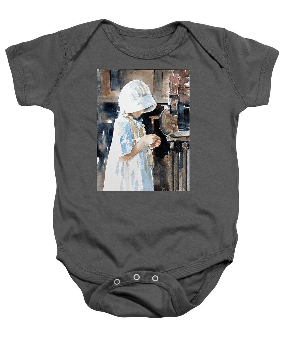 A Young Girl In An Apron And White Bonnet Examines Something She Has Found In A Blacksmith Shop In Calgary Baby Onesie featuring the painting Concentration by Monte Toon
