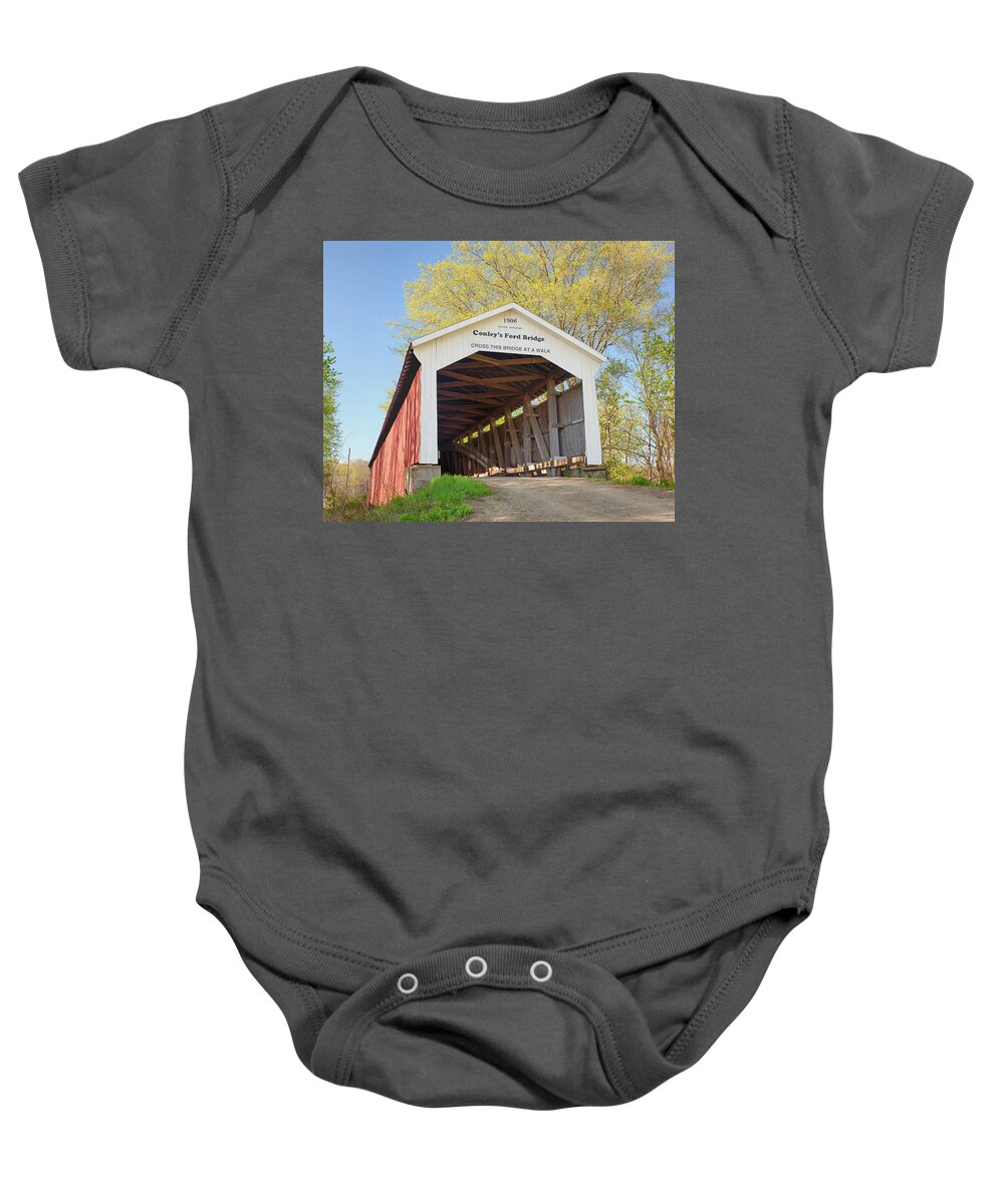 Covered Bridge Baby Onesie featuring the photograph Conley's Ford Covered Bridge by Harold Rau