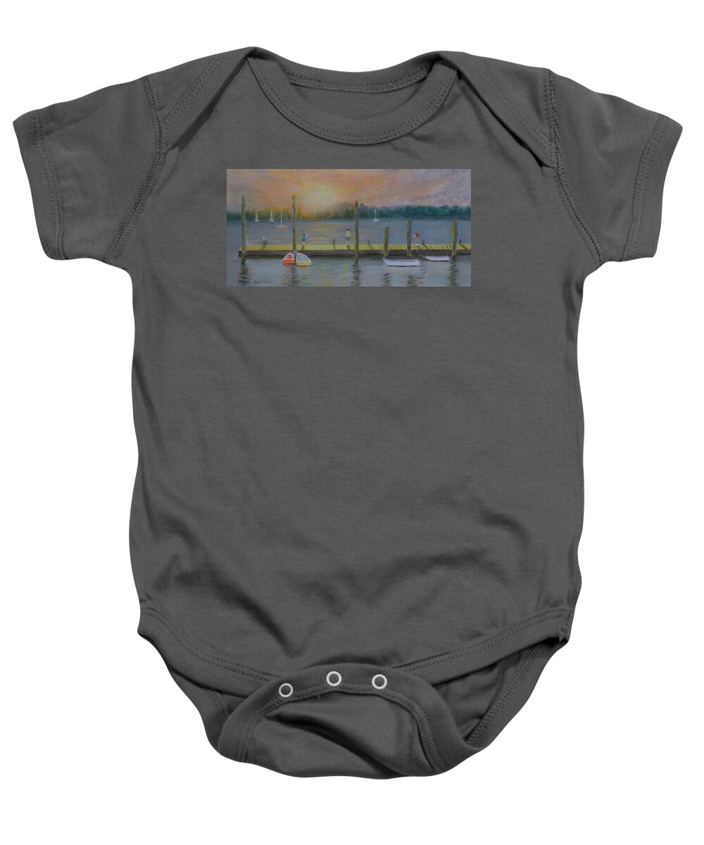 Sunrise Fishing Dock Landscape Sailboats Rowboats People Reflections Baby Onesie featuring the painting Contented Soles by Scott W White