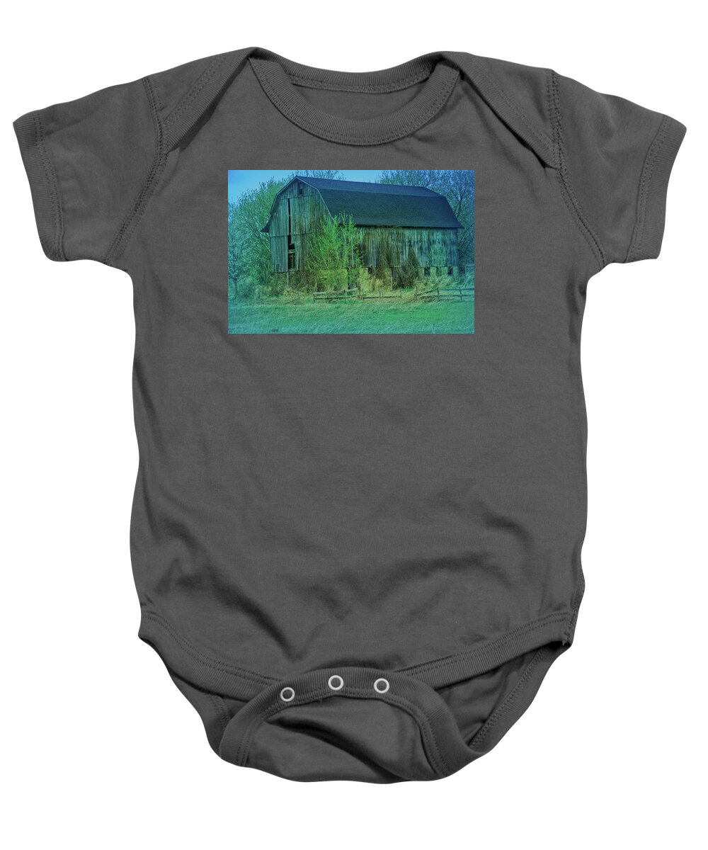 Barn Baby Onesie featuring the photograph Cool Blue Rustic Barn Close Up by Aimee L Maher ALM GALLERY