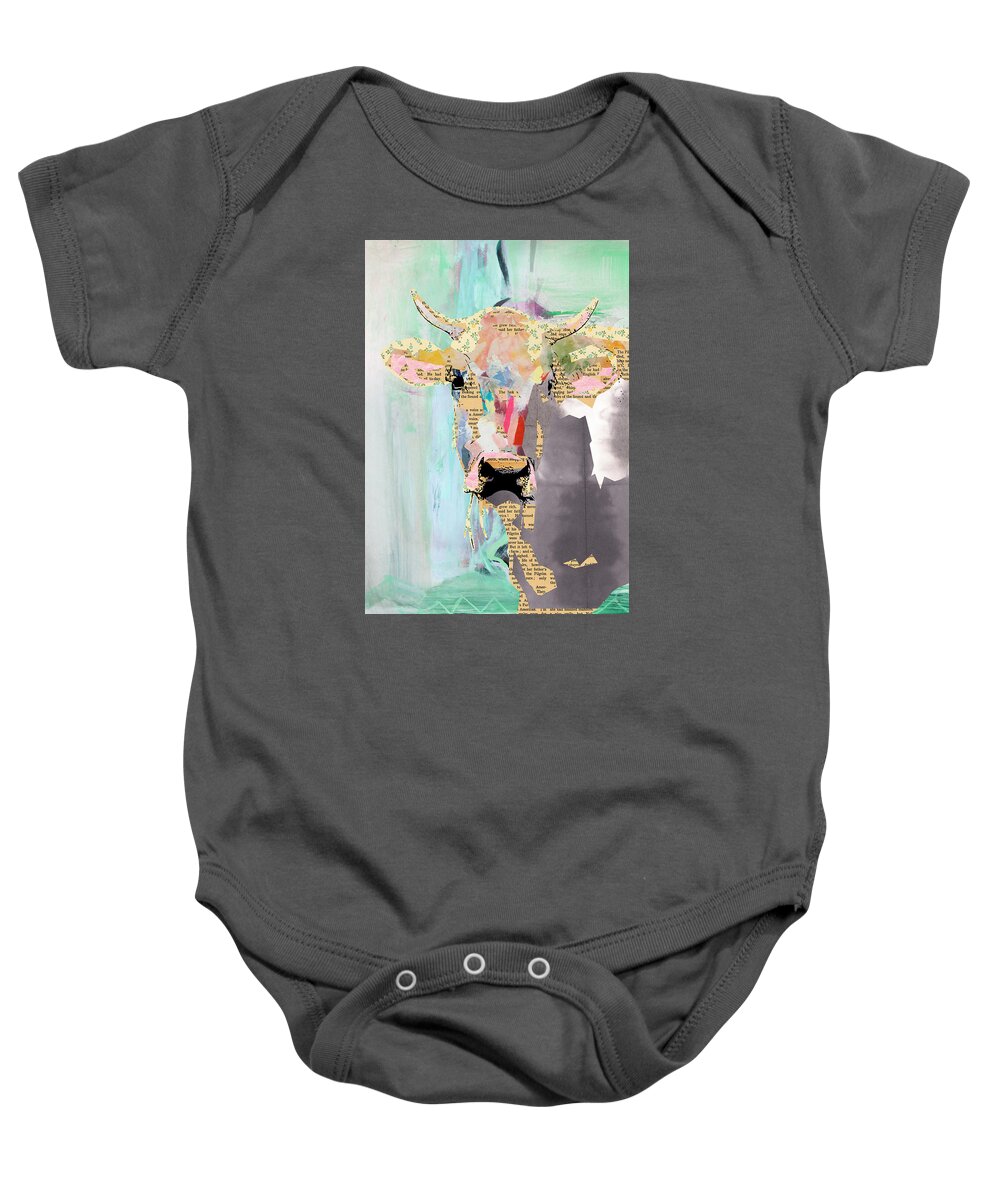 Cow Baby Onesie featuring the mixed media Cow Collage by Claudia Schoen