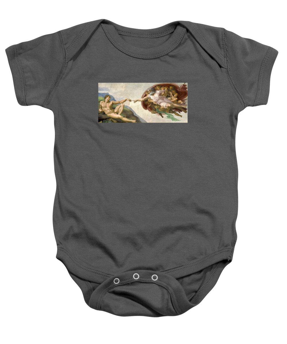 Creation Of Adam Baby Onesie featuring the painting Creation of Adam - Painted by Michelangelo by War Is Hell Store