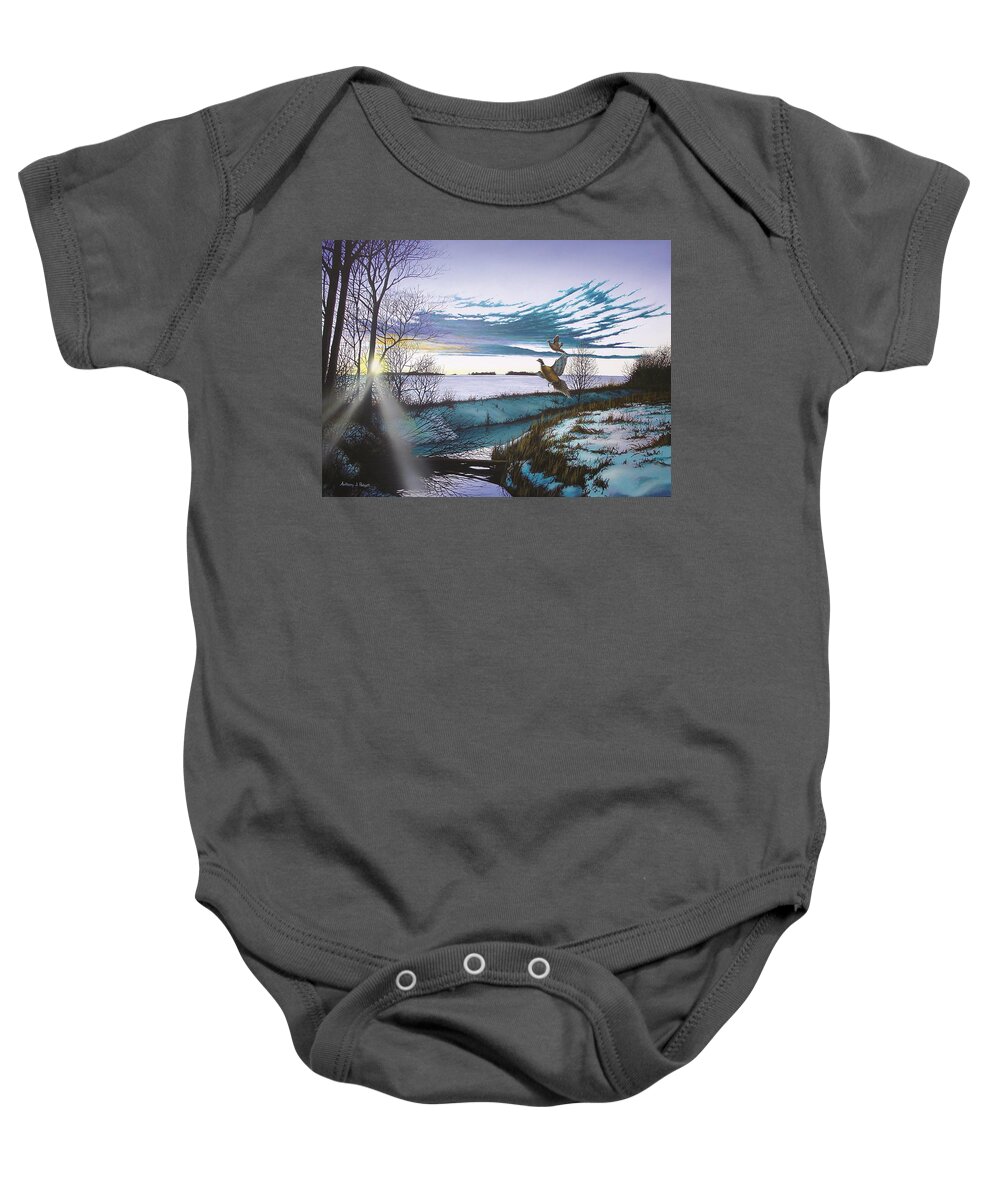 Winter Baby Onesie featuring the painting Crisp Winter Light by Anthony J Padgett