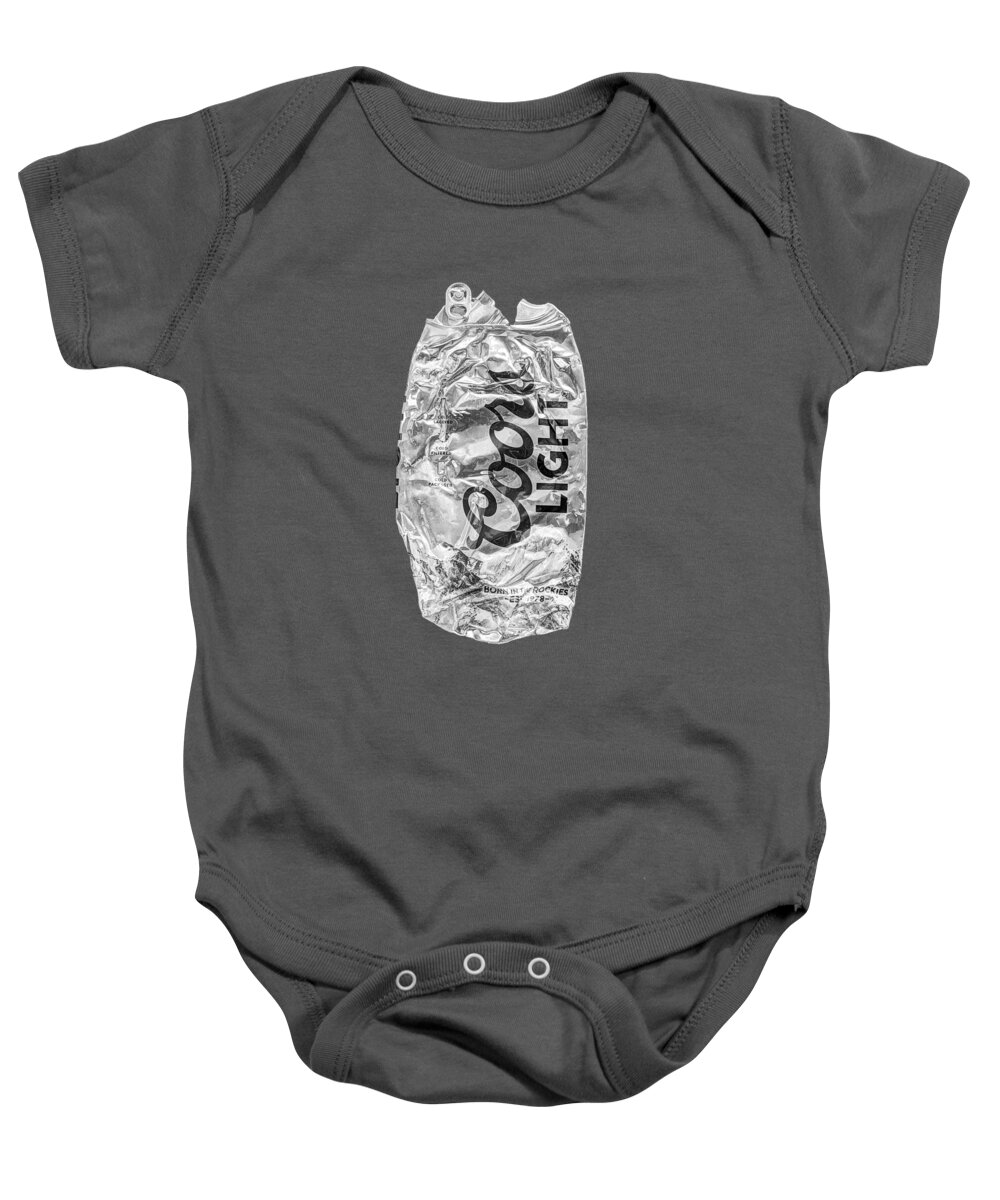 Black Baby Onesie featuring the photograph Crushed Light Silver Beer Can on Plywood 79 in BW by YoPedro