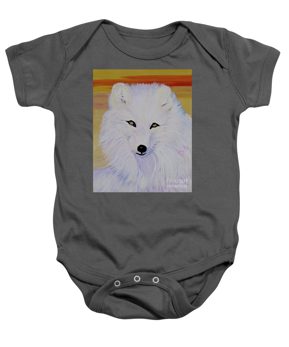 A White Fox Baby Onesie featuring the painting Cunning Fox by Phyllis Kaltenbach