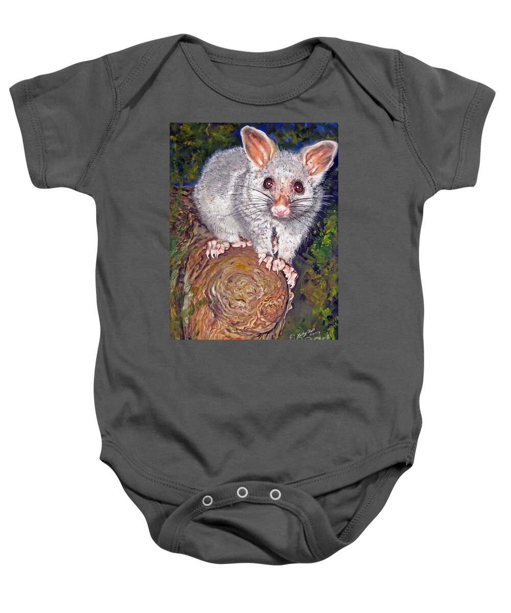Gouache. Wildlife Baby Onesie featuring the painting Curious Possum by Ryn Shell