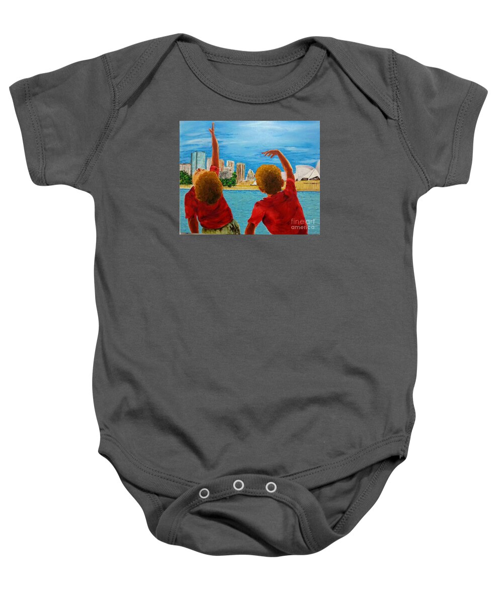Acrylic Baby Onesie featuring the painting Daniel expresses his feelings in front of the architecture of Sydney by Eli Gross