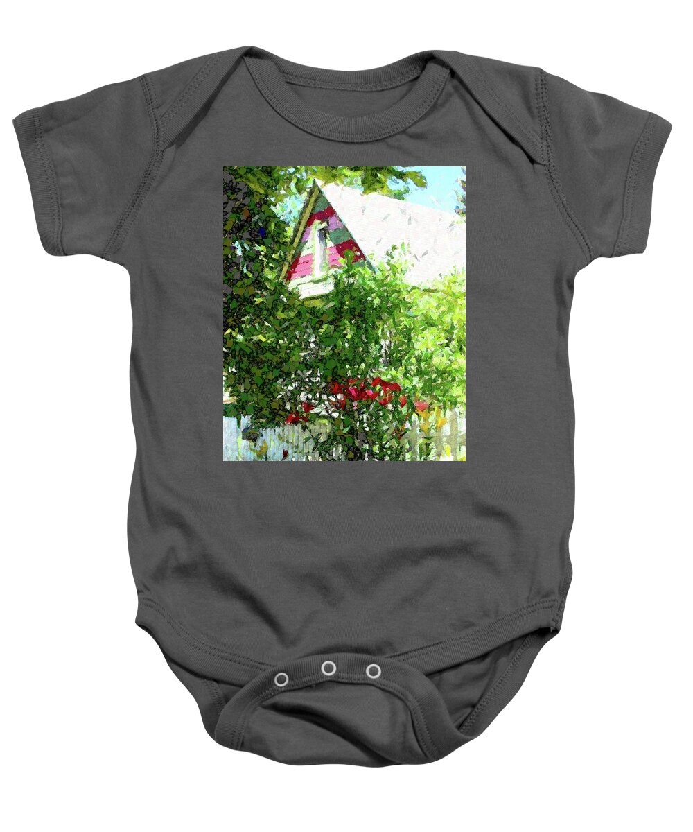 Daylilies Red Pink And Yellow By Picket Fence Baby Onesie featuring the digital art Daylilies by the picket fence by Annie Gibbons