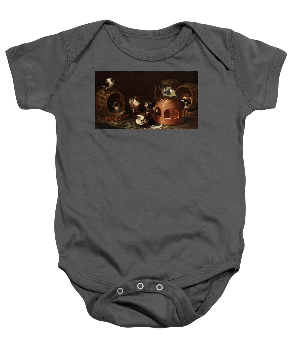 Owl Baby Onesie featuring the painting Deaf between feed trough and baskets by Giovanni Agostino Cassana