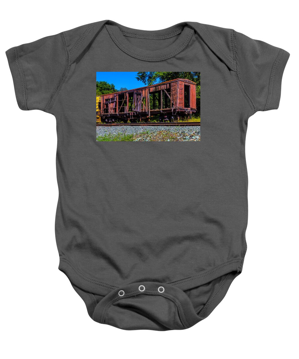 Old Baby Onesie featuring the photograph Decaying Red Box Car by Garry Gay