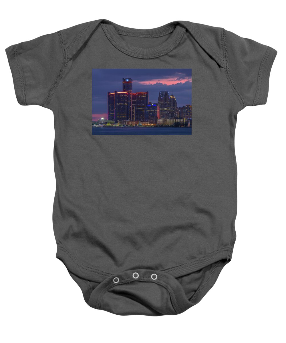 Detroit Baby Onesie featuring the photograph Detroit skyline at dusk... by Jay Smith
