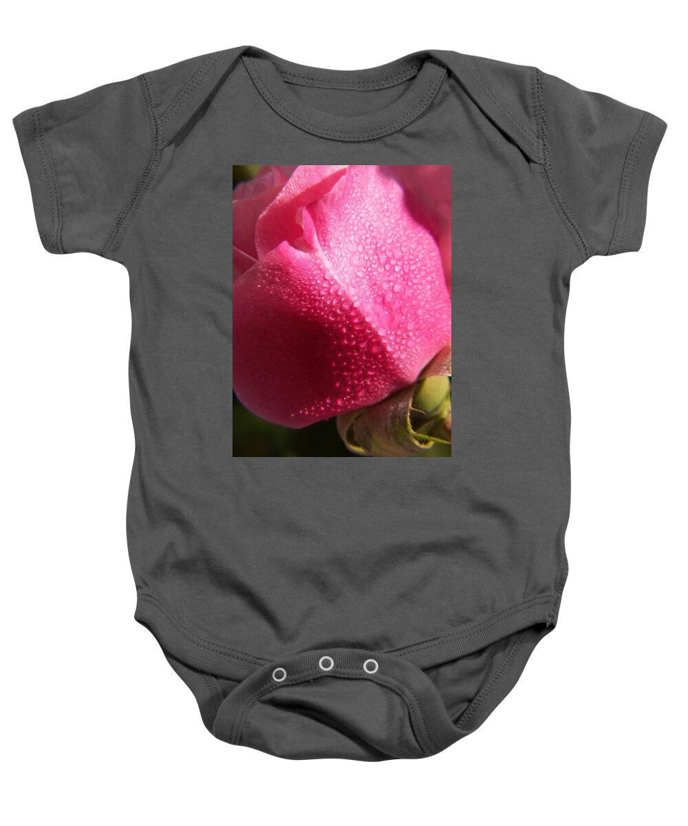 Pink Roses Baby Onesie featuring the photograph Dewy Rose by Amy Fose