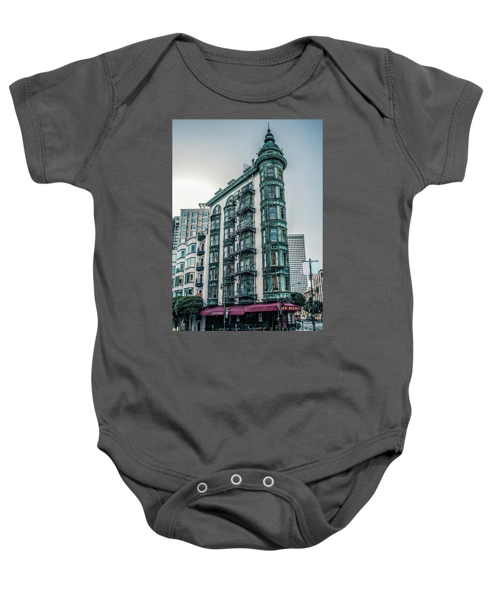 Buildings Baby Onesie featuring the photograph Dez 2016. San Francisco, USA - Old copper-green Columbus tower o by Amanda Mohler