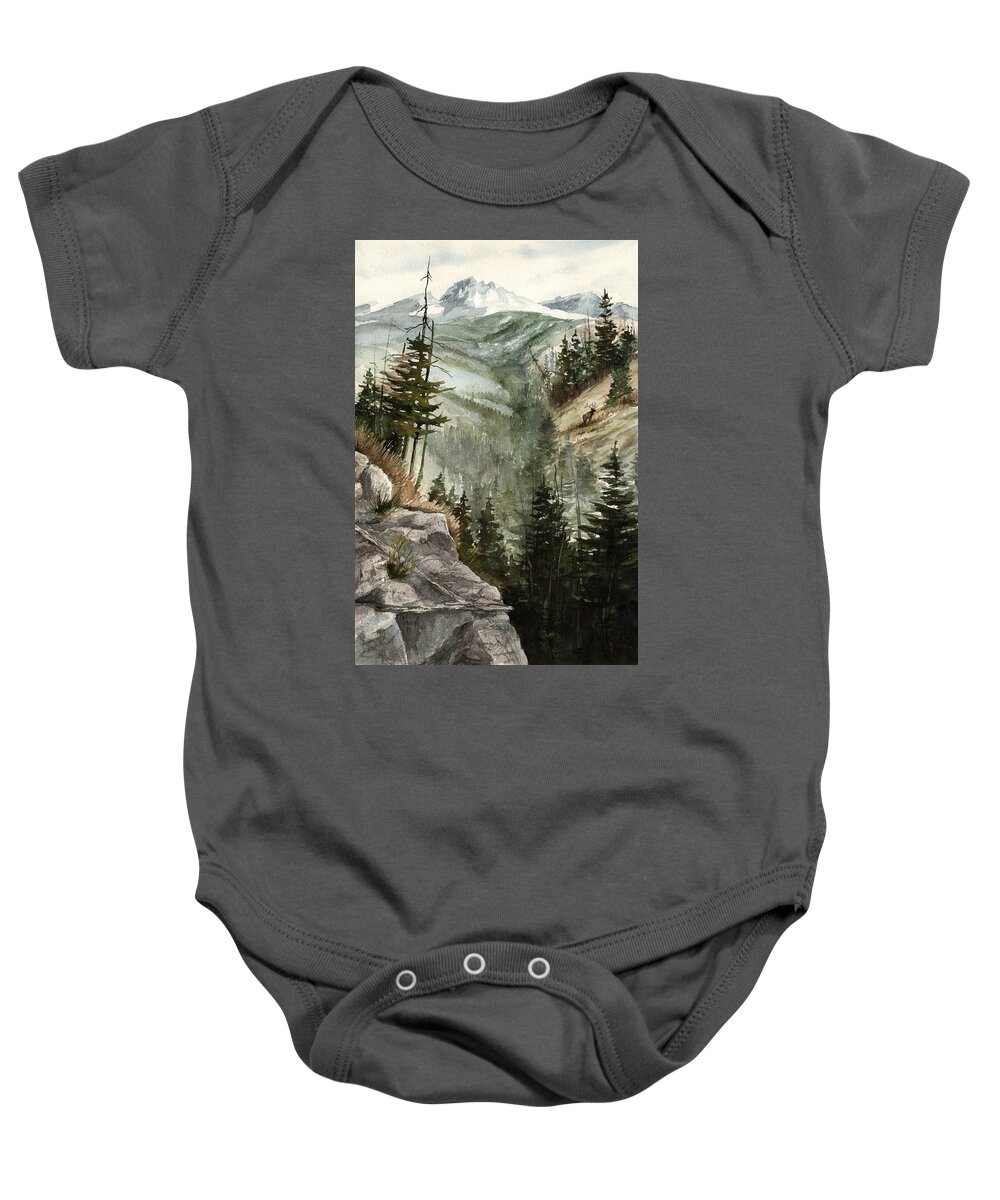 Mountian Elk Landscape Wildlife Trees Baby Onesie featuring the painting Distant Dream by Sam Sidders