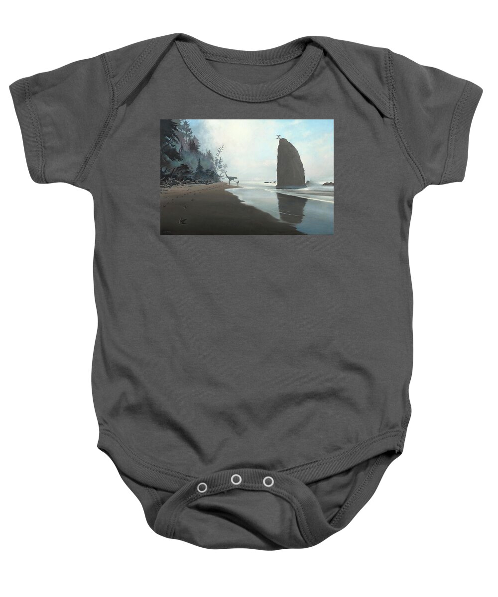 Tyrannosaurus Baby Onesie featuring the painting Distant Shores by Cliff Wassmann
