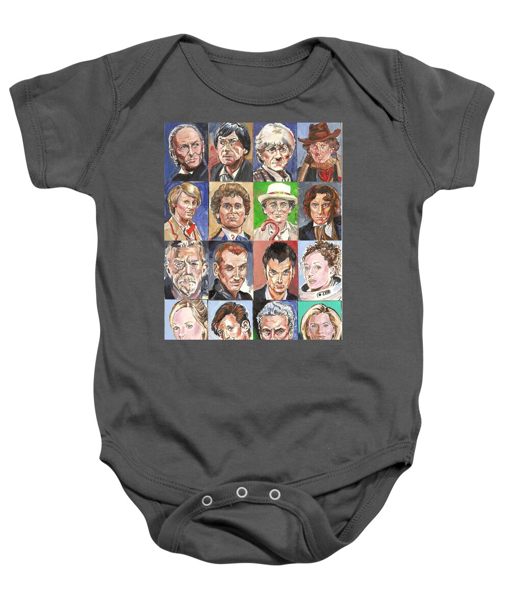 Doctor Who Baby Onesie featuring the painting Doctor Who 1963 to 2017 revised by Bryan Bustard