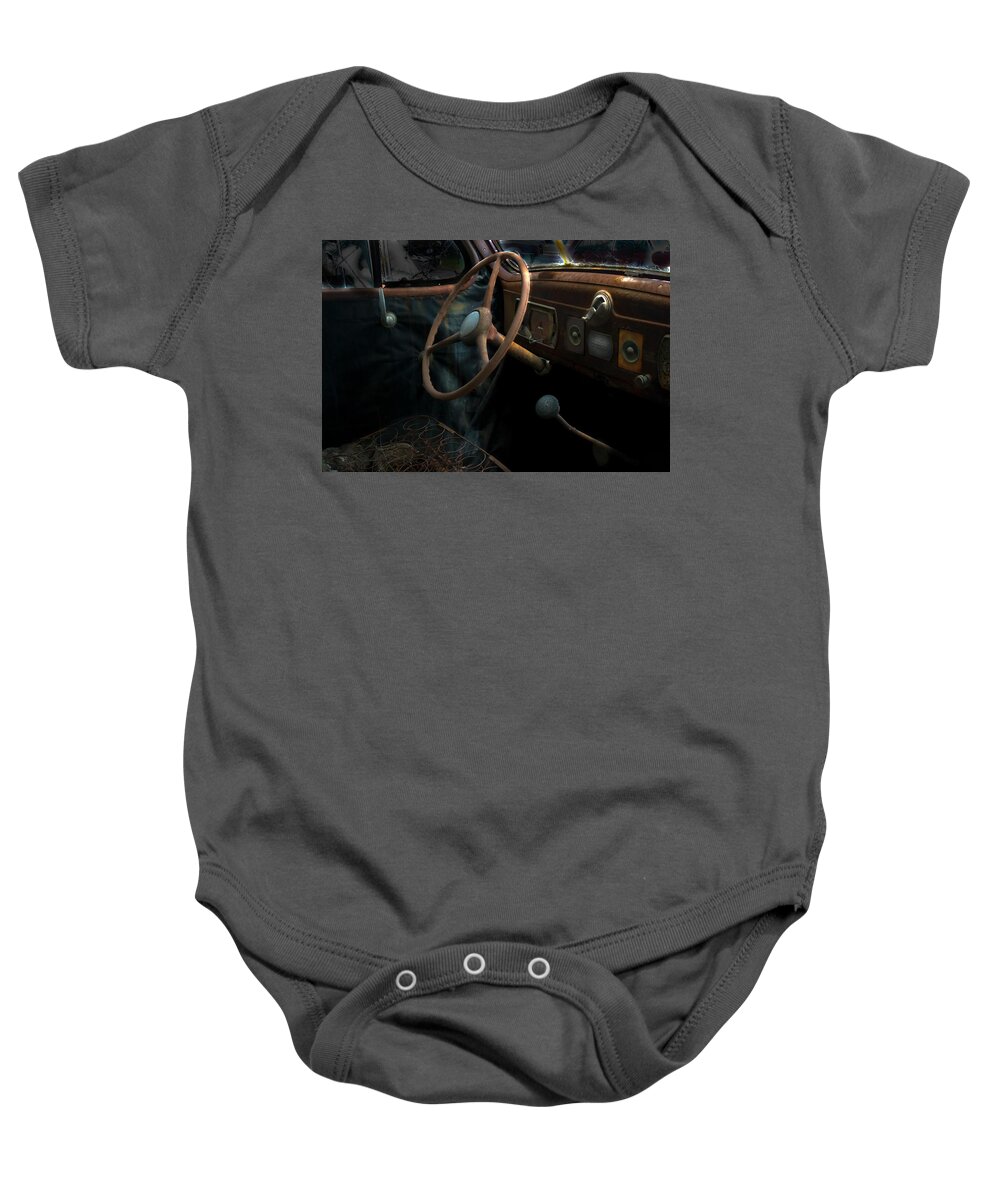 Dodge Baby Onesie featuring the photograph Dodge rusty dashboard by Micah Offman