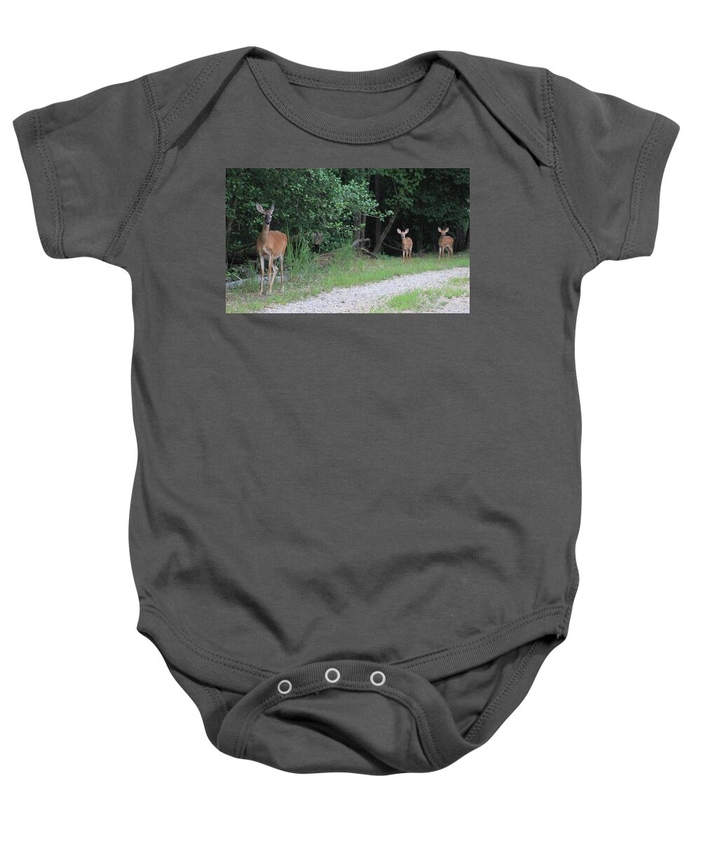 Deer Doe Twin Fawn Baby Onesie featuring the photograph Doe With Twins by Jerry Battle
