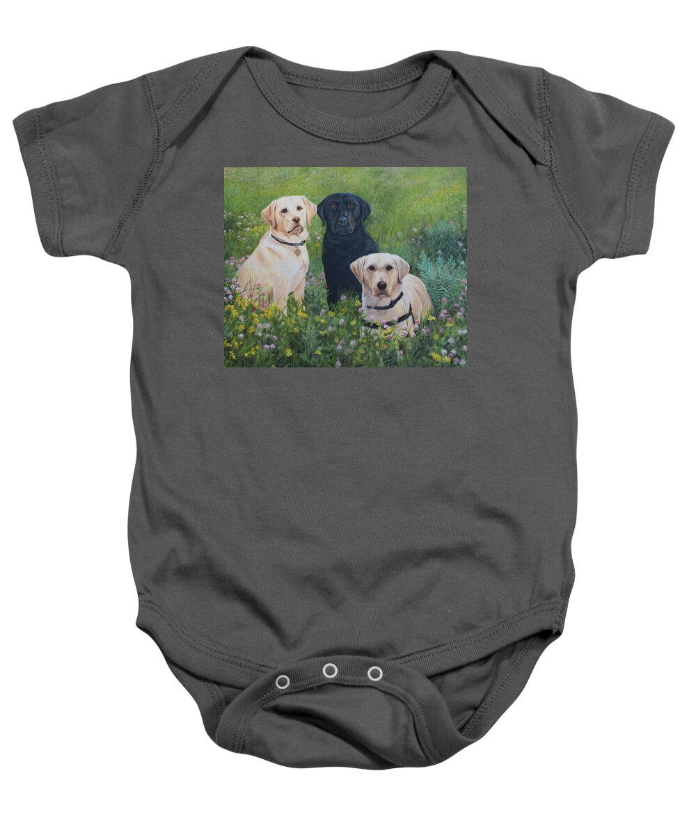Yellow And Black Labs Baby Onesie featuring the painting Dogs With Wings by Tammy Taylor