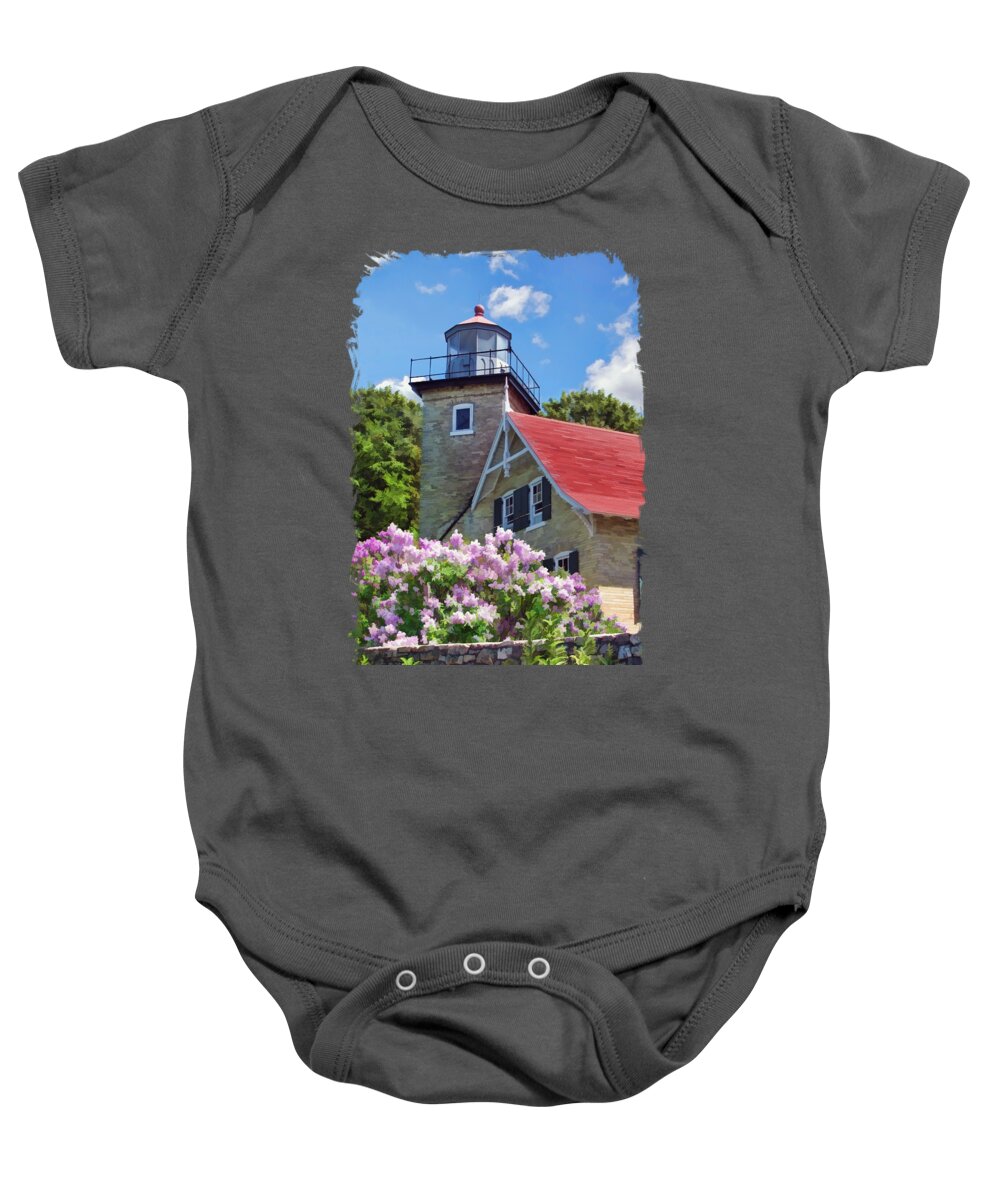 Door County Baby Onesie featuring the painting Door County Eagle Bluff Lighthouse Lilacs by Christopher Arndt