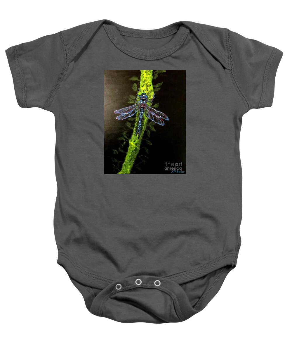 Luminous Blue Dragonfly Very Realistic With Back Lighted Black Canvas With Subtle Texture Pattern To Simulate Nightfall Chartreuse Limb Illuminated Scene Dragonfly Painting Acrylic Painting Baby Onesie featuring the painting Dragonfly Drama by Kimberlee Baxter