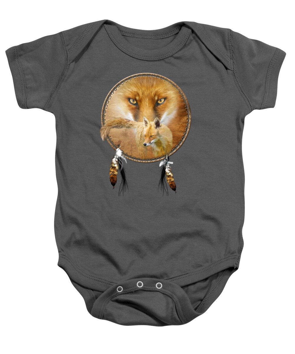 Carol Cavalaris Baby Onesie featuring the painting Dream Catcher- Spirit Of The Red Fox by Carol Cavalaris