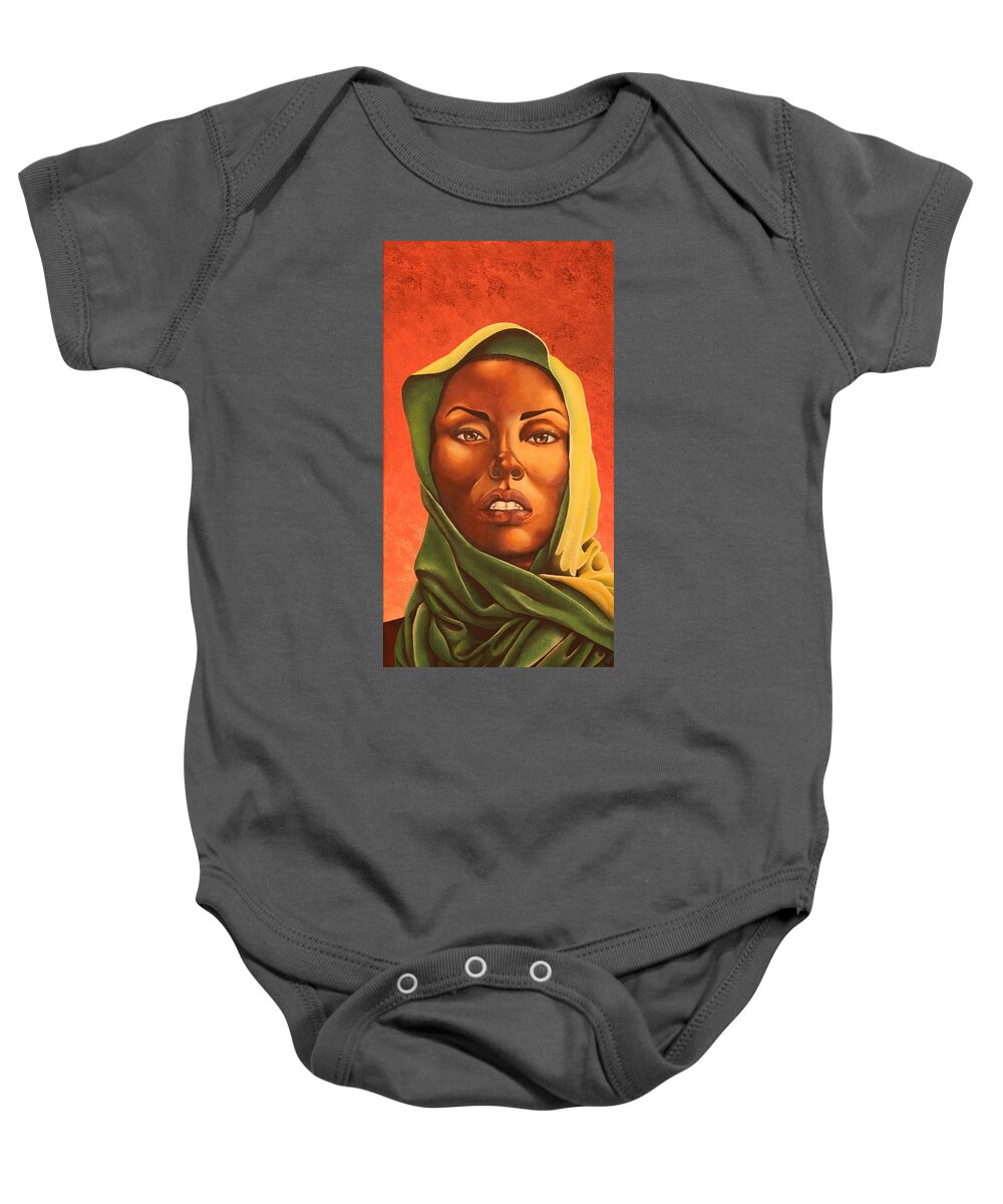 African American Female Portrait Draped In Scarf Baby Onesie featuring the painting Dream by William Roby