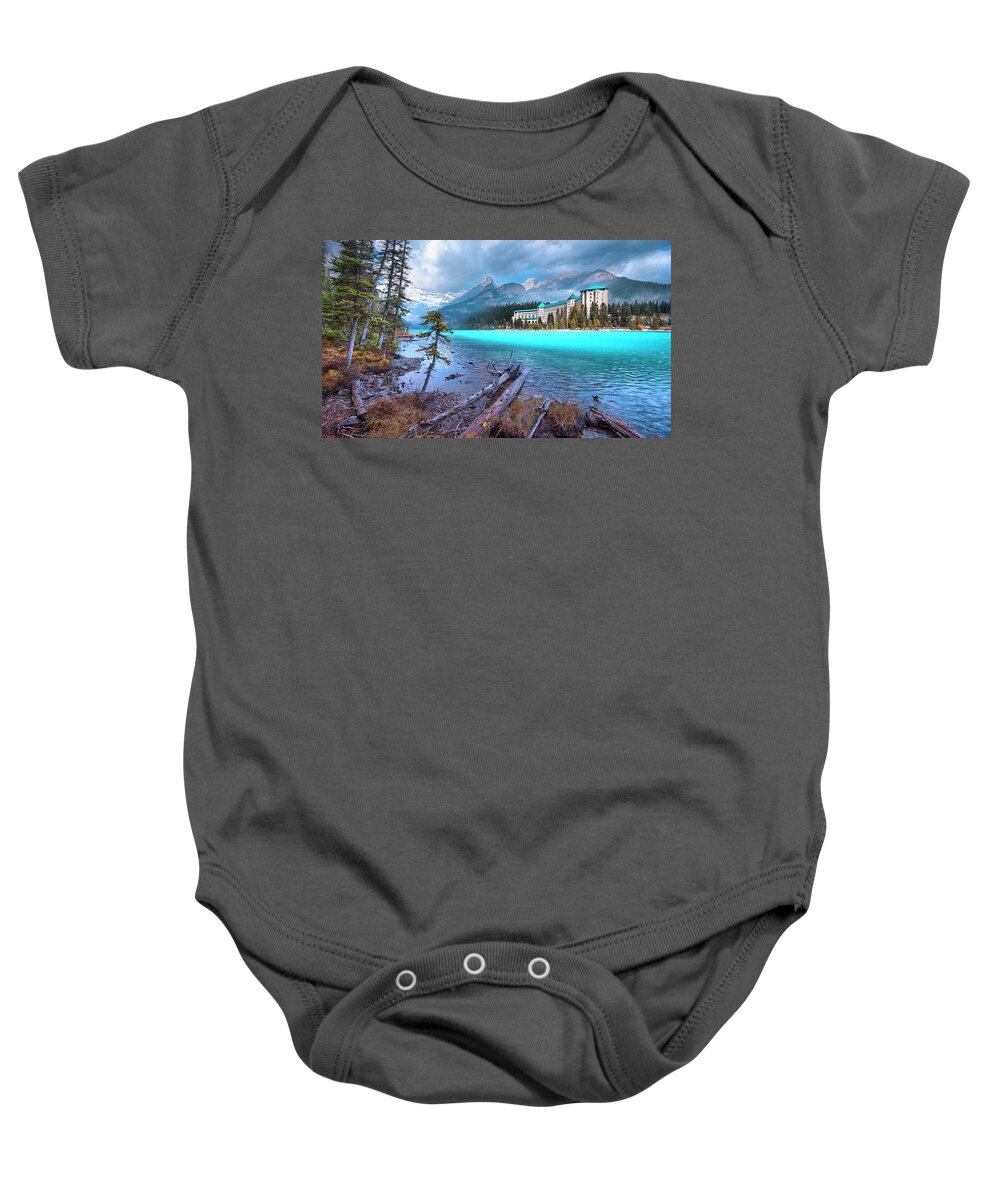 Moraine Lake Baby Onesie featuring the photograph Dreamy Chateau Lake Louise by John Poon