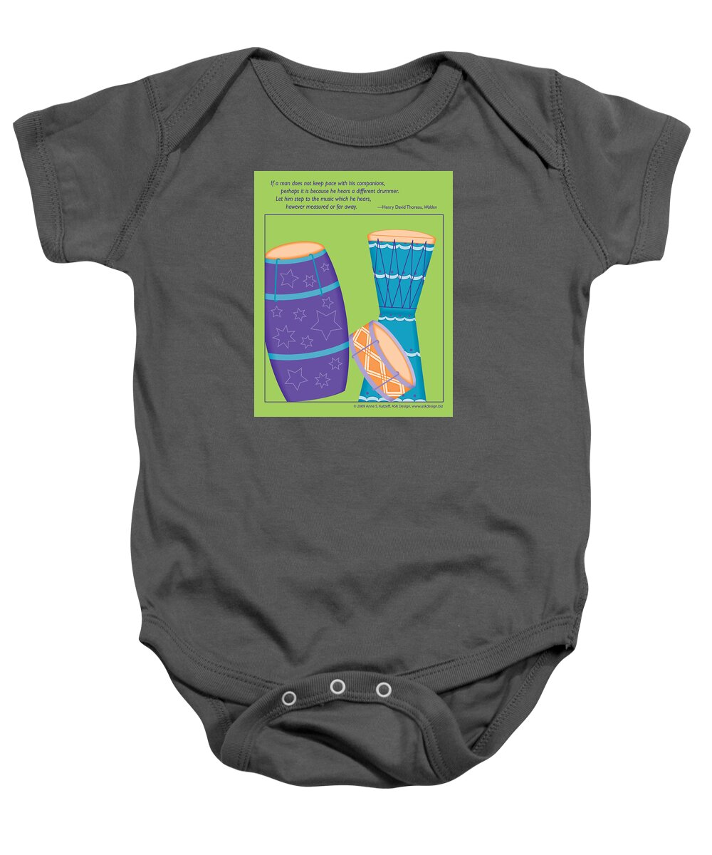 Keep Pace With His Companions Baby Onesie featuring the digital art Drums - Thoreau Quote by Anne Katzeff