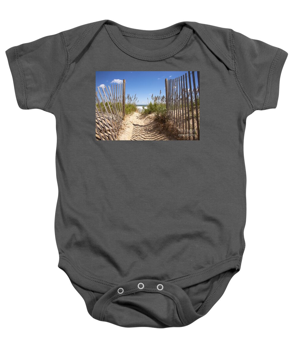 Access Baby Onesie featuring the photograph Dunes to the Beach by Karen Foley