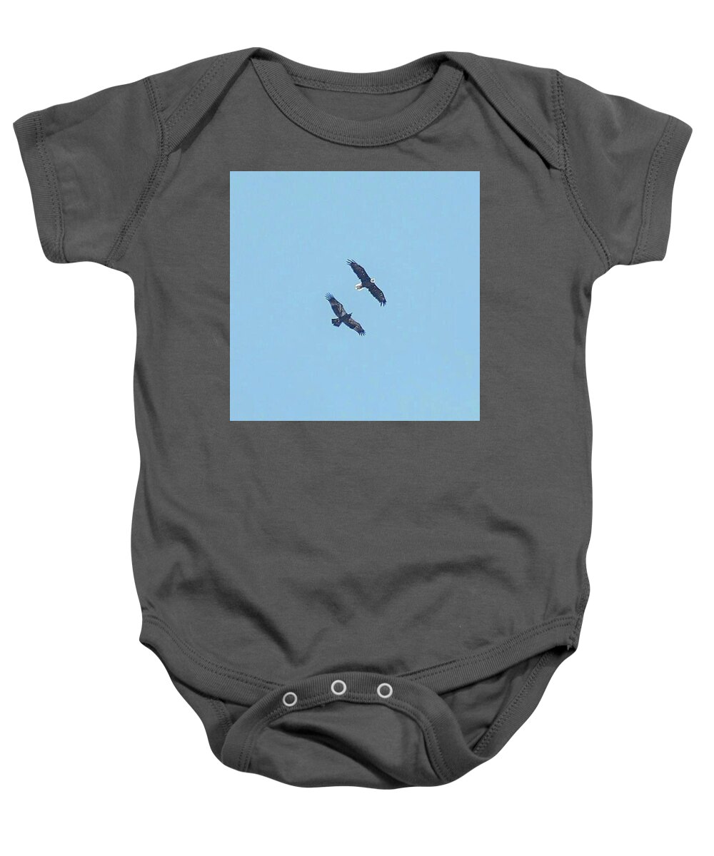 Bald Eagles Baby Onesie featuring the photograph E9 and parent soaring preparing for a new adventure by Liz Grindstaff
