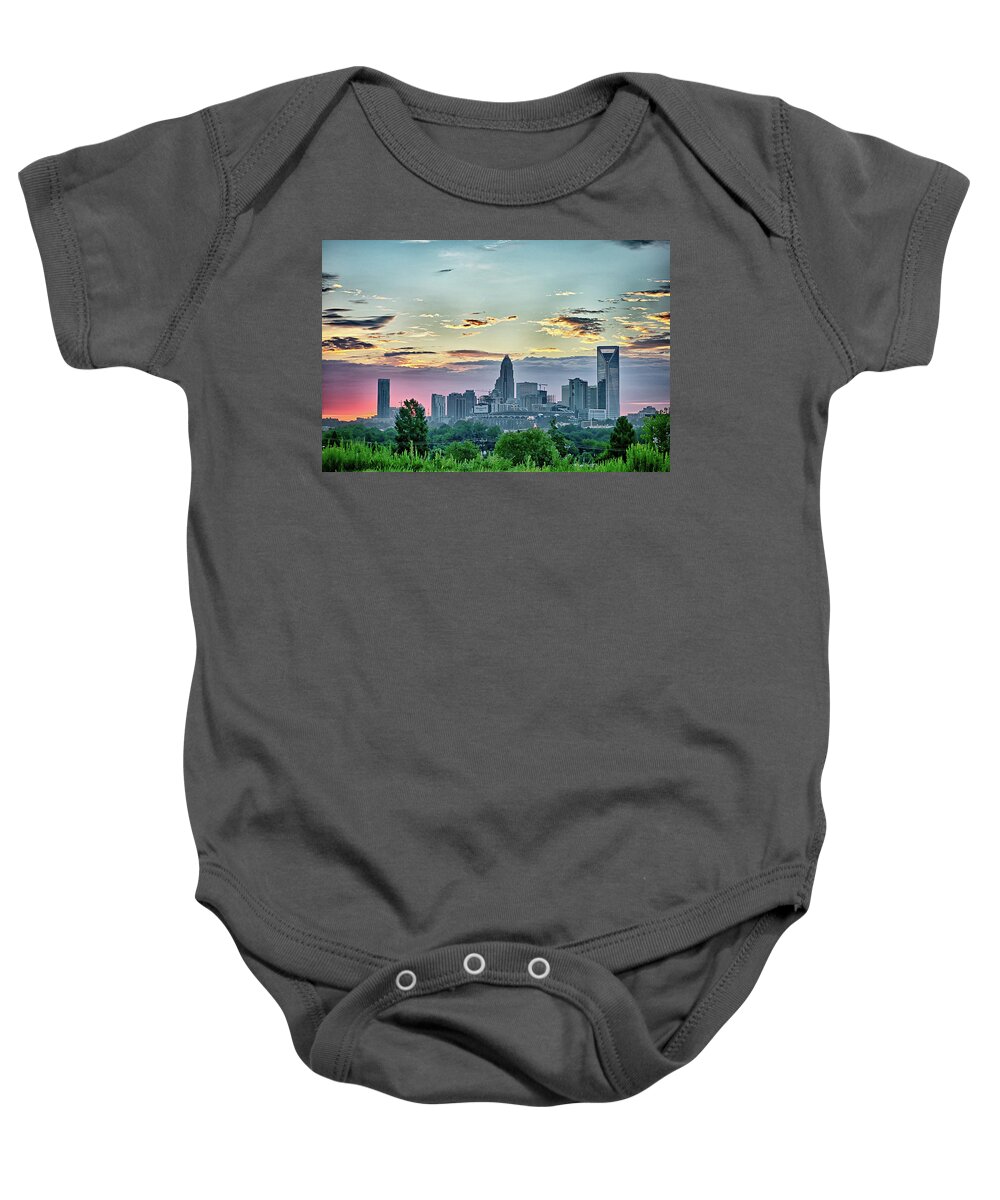 Early Baby Onesie featuring the photograph Early Morning Sunrise Over Charlotte North Carolina Skyline by Alex Grichenko