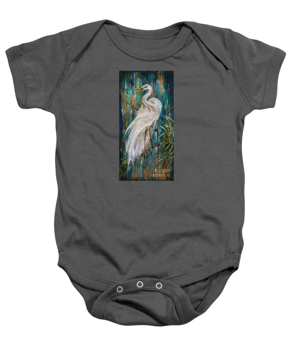 Egret Baby Onesie featuring the painting Egret Near Waterfall by Linda Olsen