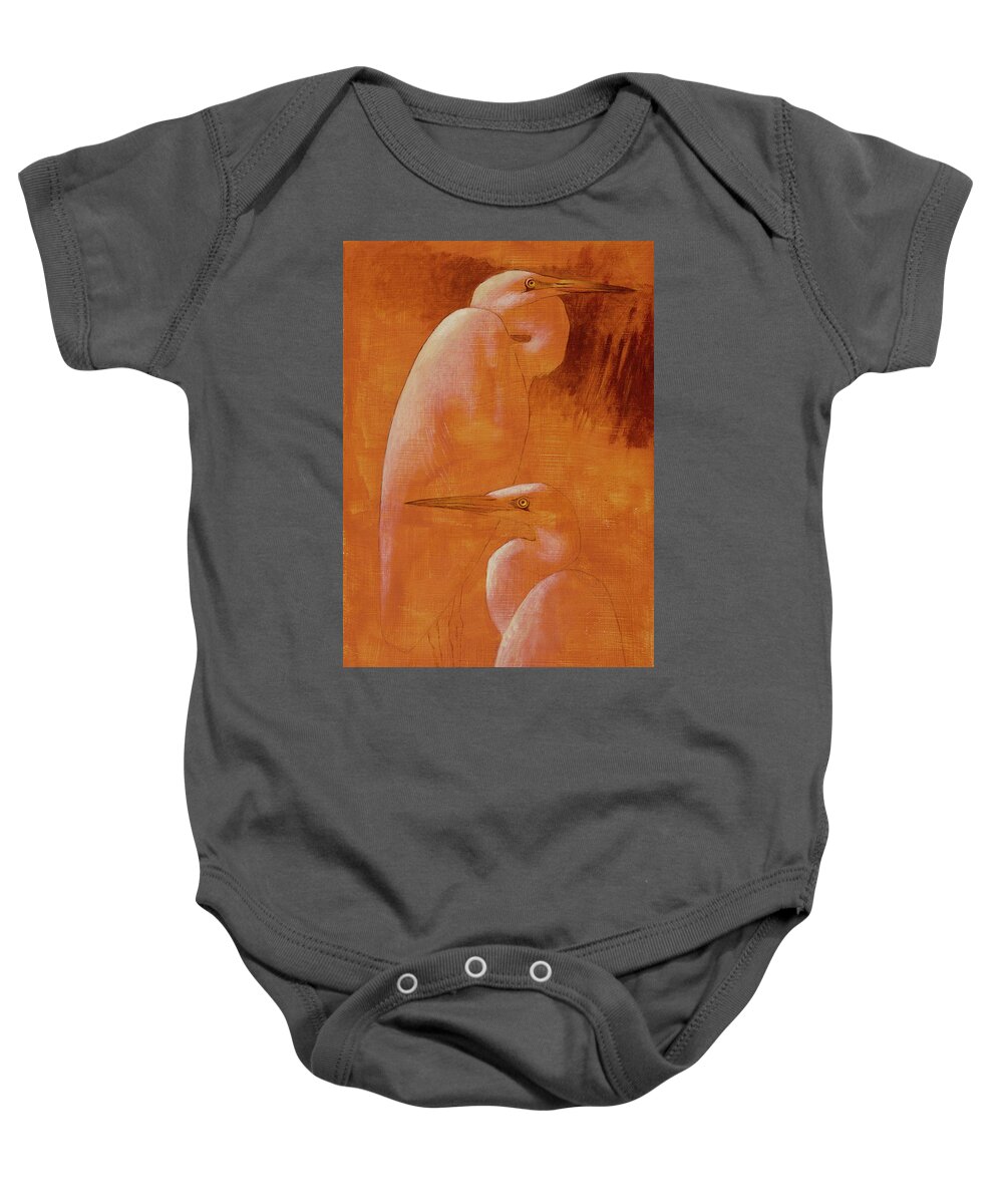 Egret Baby Onesie featuring the painting Egrets by Attila Meszlenyi