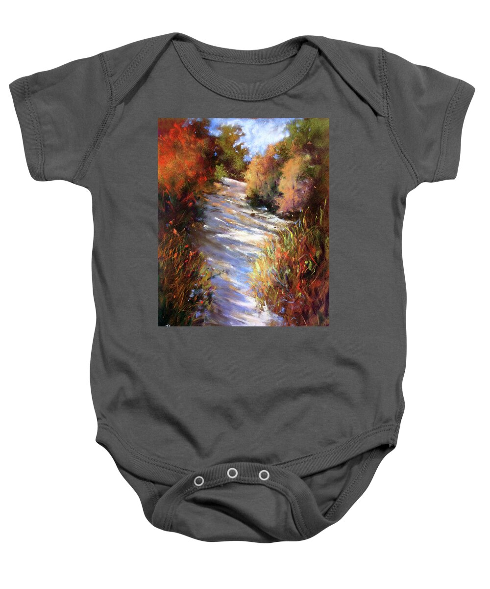 Landscape Baby Onesie featuring the painting Embankment and Shadows by Rae Andrews