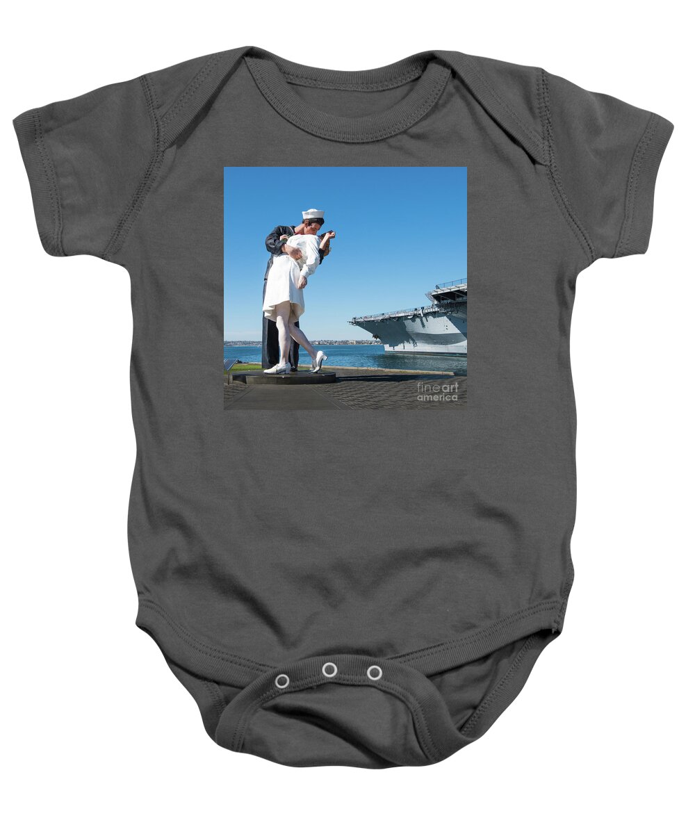 Embracing Peace Sculpture Baby Onesie featuring the photograph Embracing Peace Sculpture and USS Midway Aircraft Carrier by David Levin