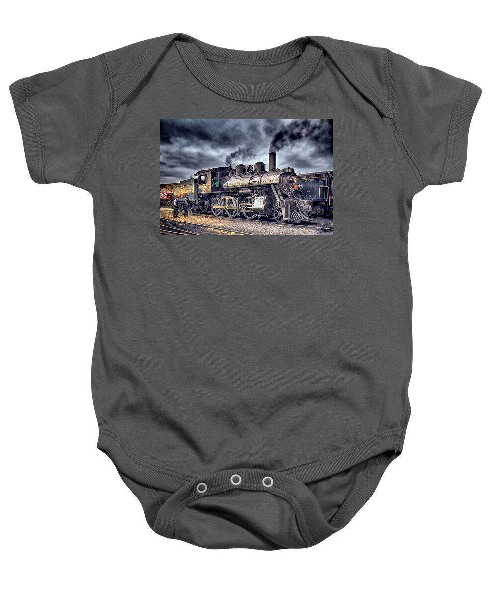 Trains Baby Onesie featuring the photograph End Of The Line For Old 89 by Harriet Feagin
